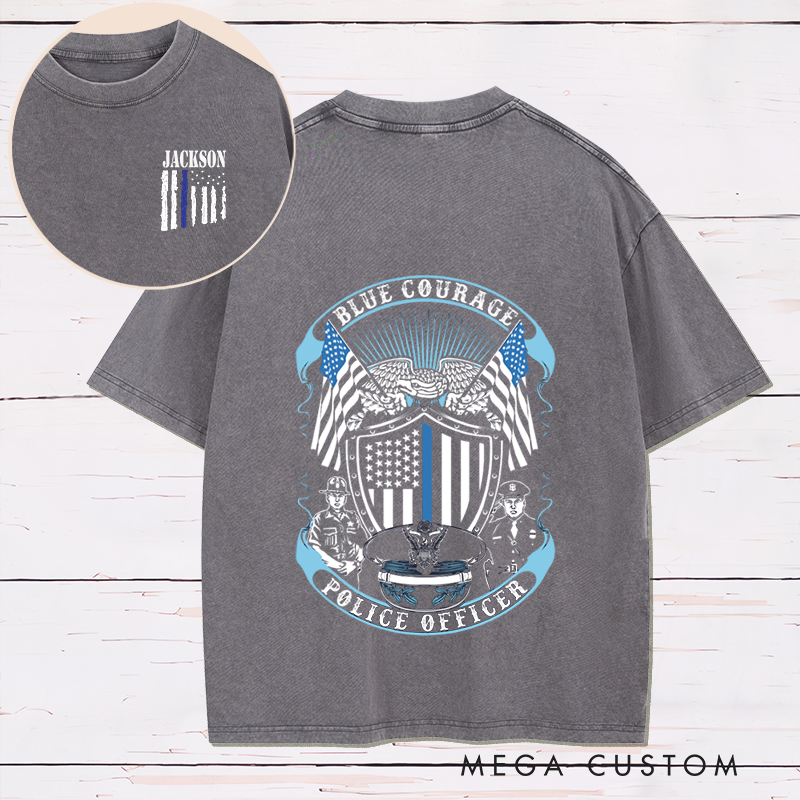 Personalized Blue Courage Police Officer Washed T-Shirt with American Flag and Law Enforcement Gift for Police