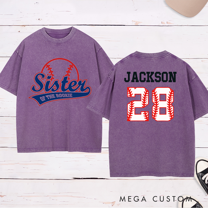 Personalized Baseball Name and Number Washed T-Shirt for Sister