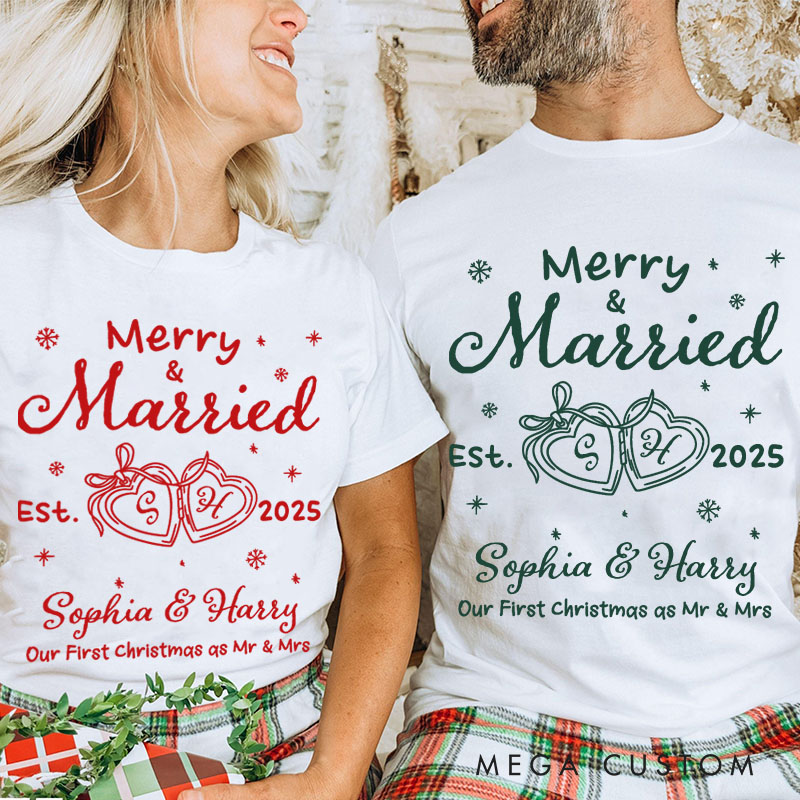 Personalized Couple Merry and Married First Christmas T-Shirt Newlyweds Locked Ring Shirt for Husband Wife Married Tee Tops Christmas Gift