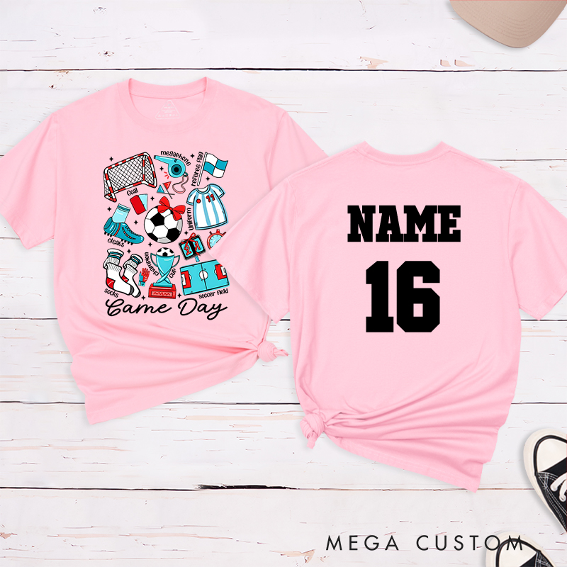 Personalized Game Day Soccer T-Shirt with Fun Illustrated Graphics and Custom Name and Number