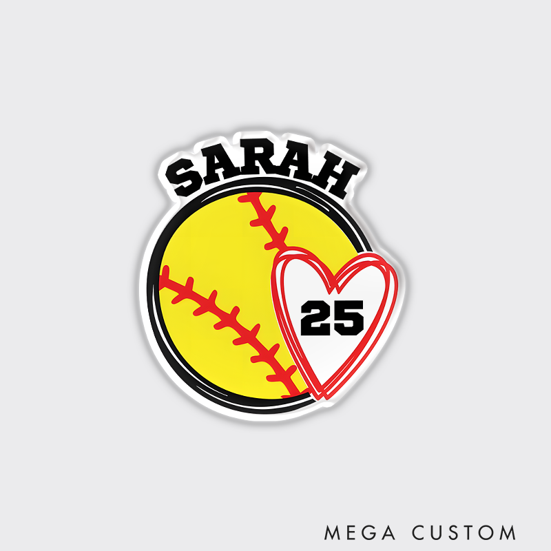 Personalized Softball Refrigerator Magnet with Custom Name Player Number Heart Accent and Bold Design