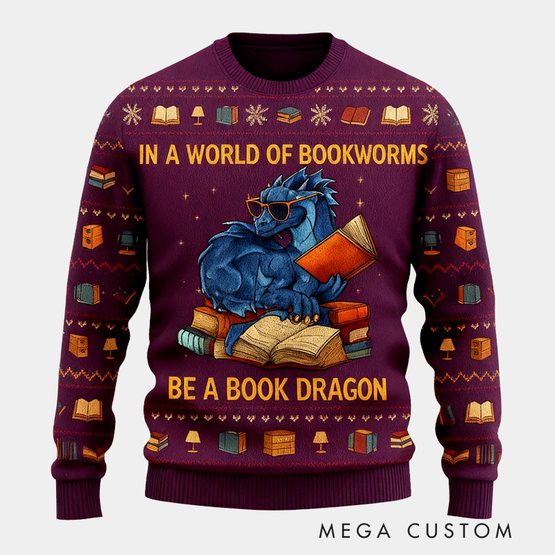 Personalized Funny Dinosaur Reading Ugly Christmas Sweater Gift for Librarians 