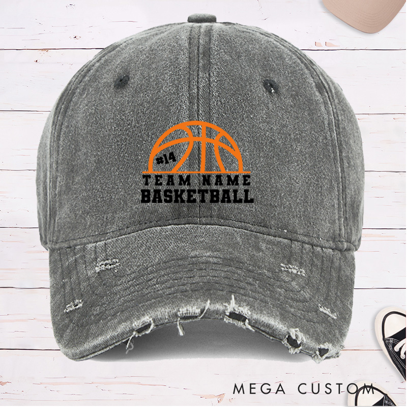 Personalized Distressed Denim Basketball Cap with Custom Team Name Player Number and Basketball Graphic Design