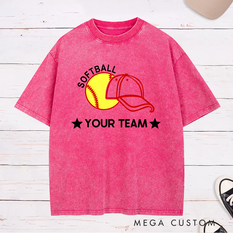 Personalized Softball Team Washed T-Shirt Design Featuring Customizable Team Name Bold Softball Graphic and Baseball Cap Element