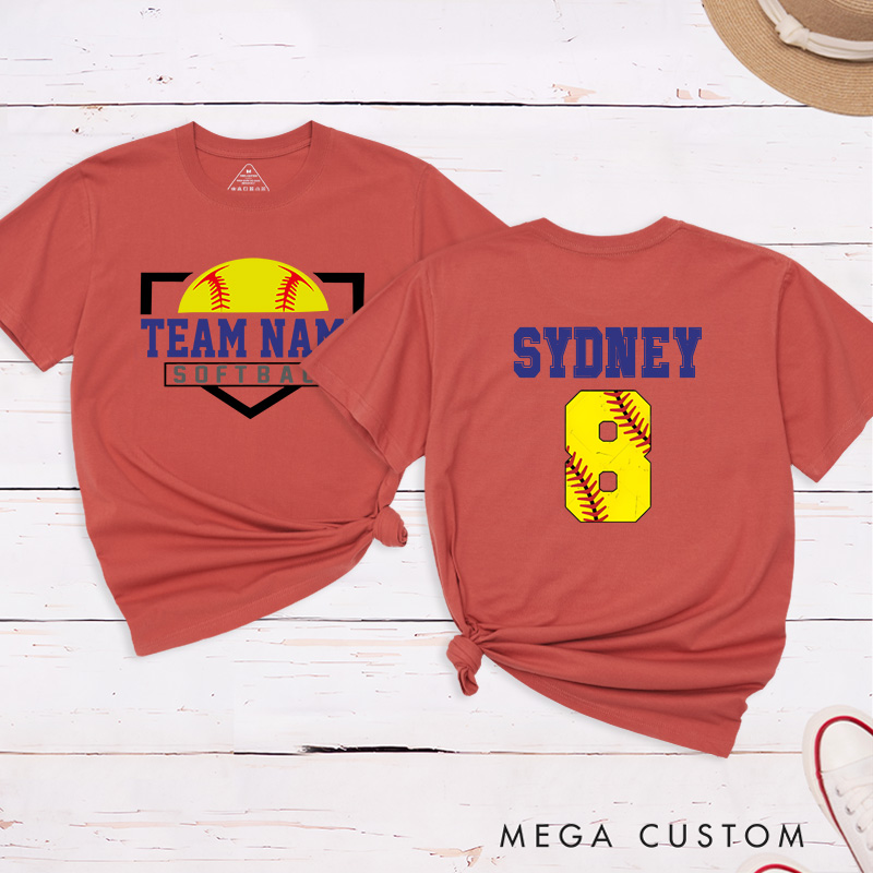 Personalized Softball T-Shirt Design Featuring Custom Team Name on the Front and Player Name with Jersey Number on the Back