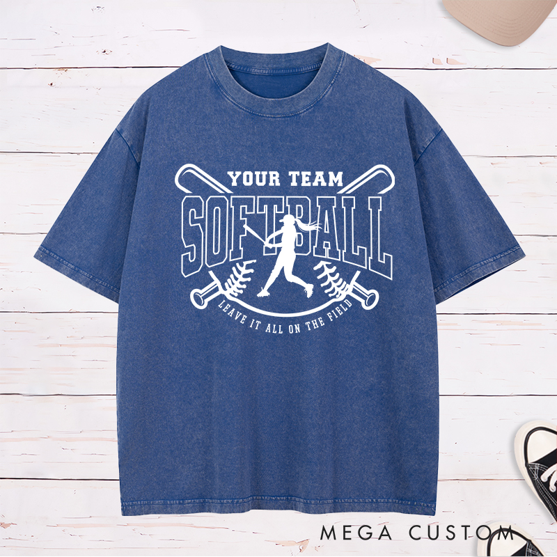 Softball Team Washed T-Shirt Featuring Customizable Team Name Player Silhouette and Motivational Slogan Design
