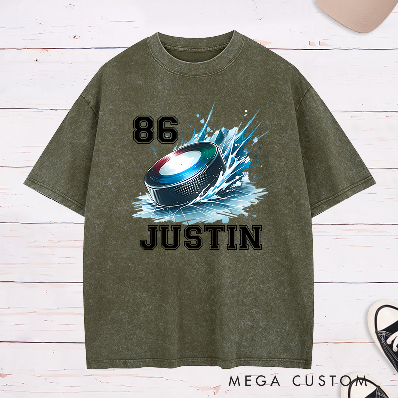 Personalized Hockey Washed T-Shirt with Splashed Ice Puck Design and Custom Name