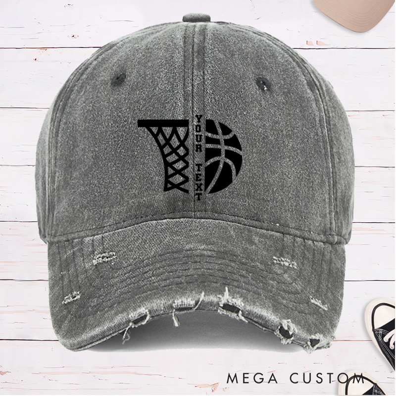 Personalized Distressed Denim Basketball Cap with Custom Text and Basketball Hoop Graphic Design