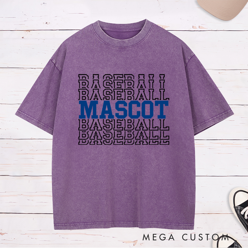 Personalized Baseball Washed T-Shirt Featuring Team Name and Repeating Text Pattern
