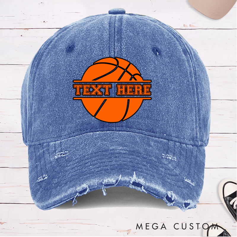 Personalized Distressed Basketball Cap with Custom Text and Bold Basketball Graphic Design