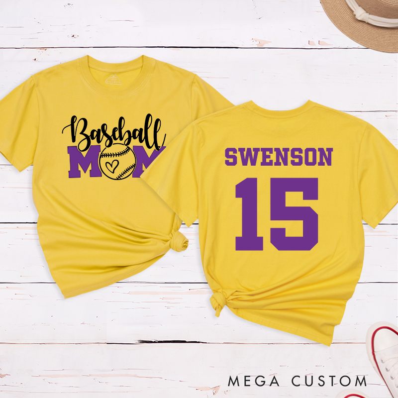 Personalized Baseball Mom T-Shirt with Heart-Inspired Design and Custom Name and Number