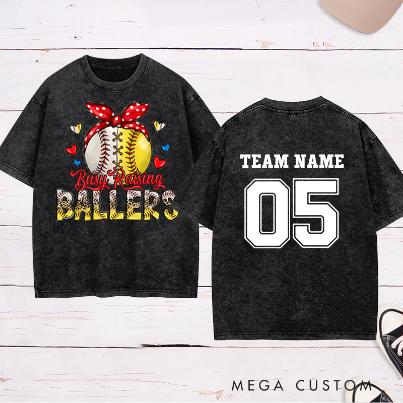 Personalized "Busy Raising Ballers" Washed T-Shirt with Custom Name and Number   