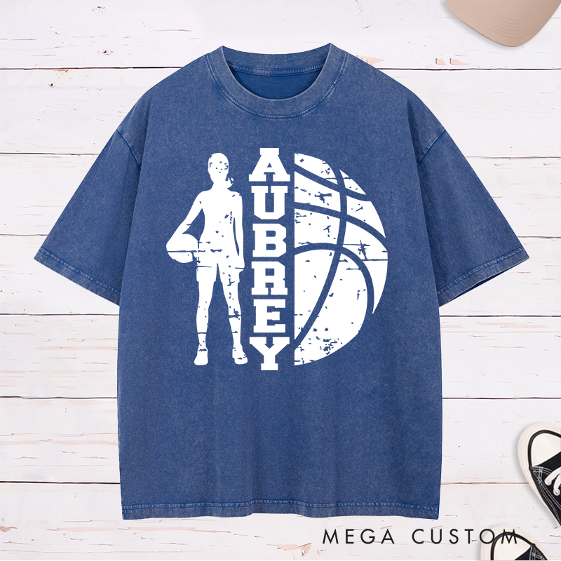 Personalized Washed T-Shirt Design Featuring a Bold Basketball Player Silhouette with Customizable Vertical Name and Distressed Graphic Style
