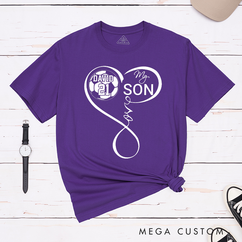 Personalized "My Son" Soccer T-Shirt with Heart Design and Custom Name and Number