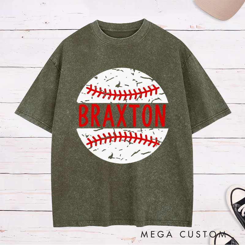 Personalized Baseball Team Washed T-Shirts with Custom Name and Distressed Ball Graphic