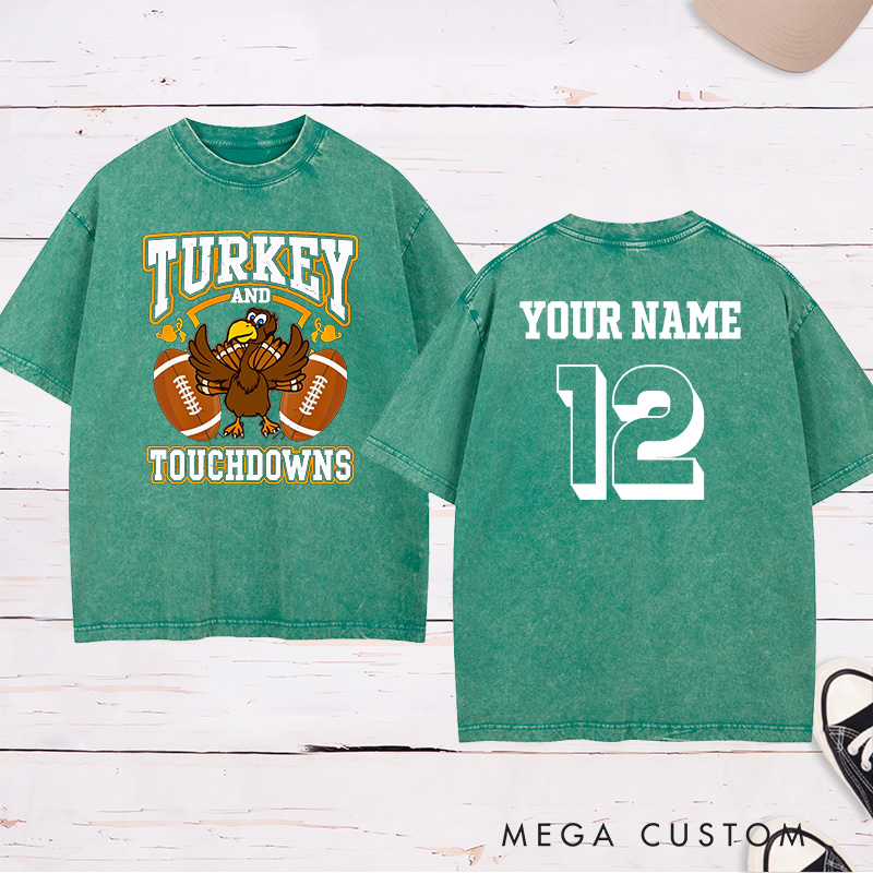 Personalized American Football and Rugby Turkey Washed T-Shirts Featuring Custom Name and Number
