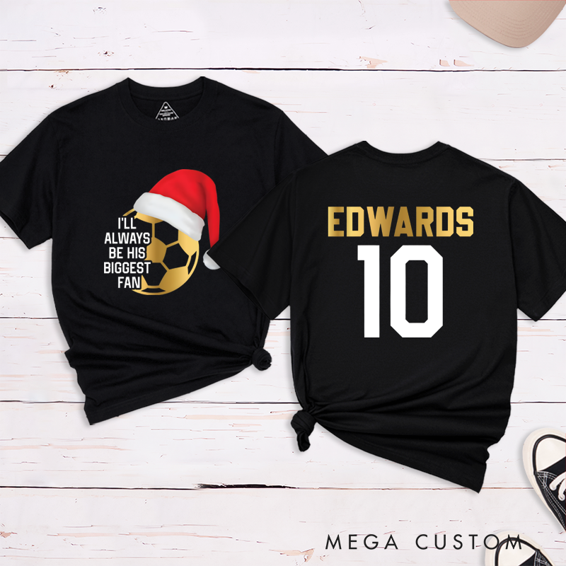 Personalized Christmas Soccer Fan T-Shirt with Custom Name and Number Design