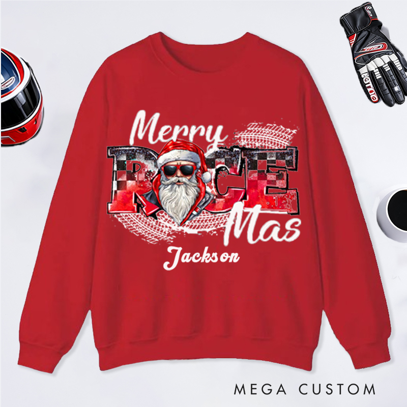 Personalized Merry Race Mas Sweatshirt Custom Name Racing Santa Christmas Pullover Gift for Racers and Racing Lovers
