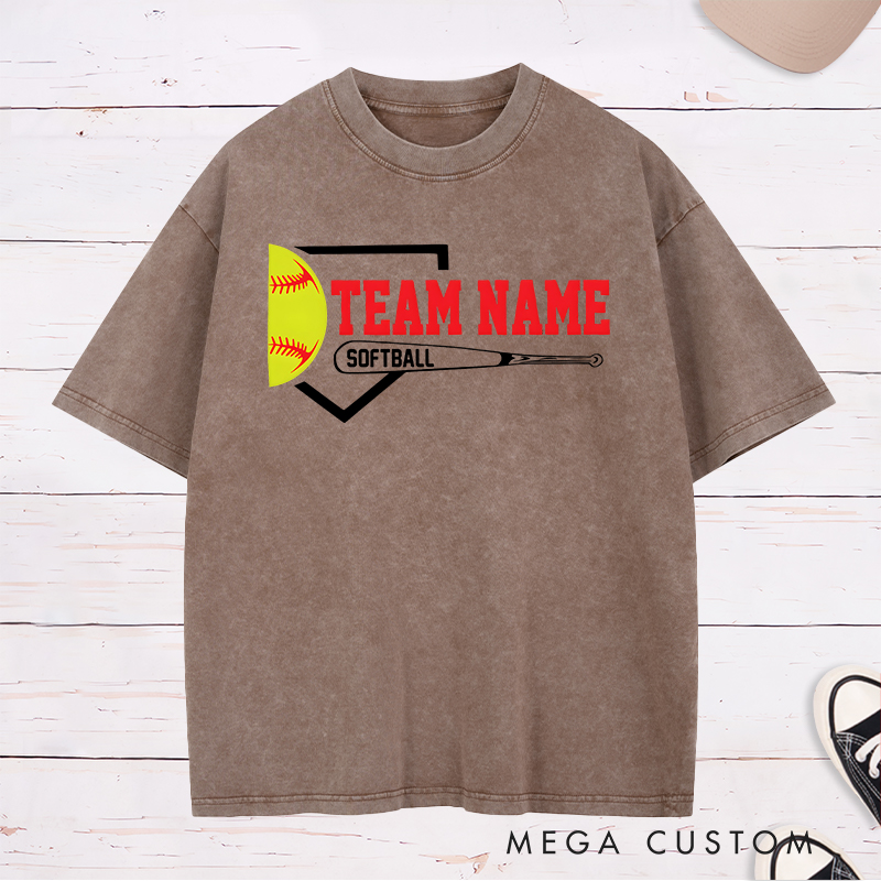 Personalized Softball Team Washed T-Shirt Design Featuring Customizable Team Name Bold Home Plate Graphic Yellow Softball and Bat Element