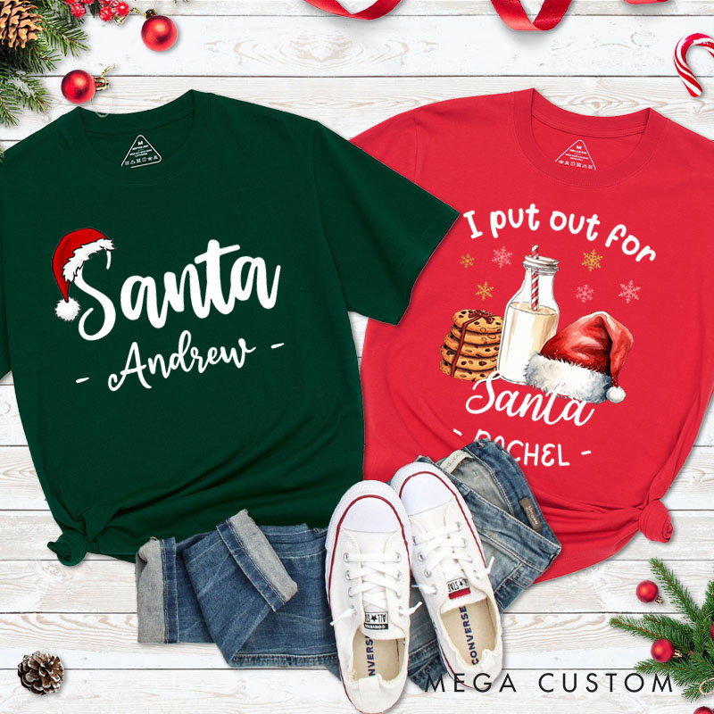 Personalized Couple Santa and I Put Out for Santa Christmas T-Shirt Couple Xmas Matching T-Shirt for Husband Wife Boyfriend Girlfriend Tee Tops