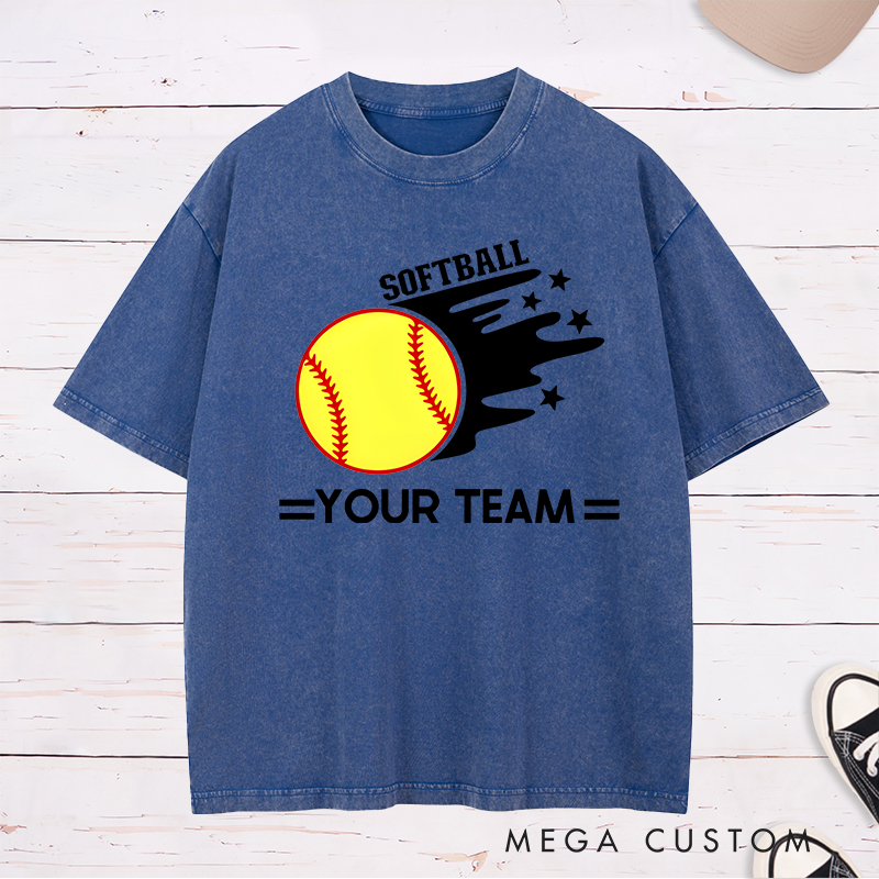 Personalized Softball Team Washed T-Shirt Design Featuring Customizable Team Name Bold Motion Trail Graphic with Stars and Striking Softball Element