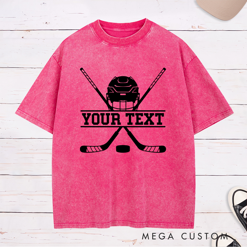 Personalized Hockey Helmet and Sticks Washed T-Shirt with Custom Name 