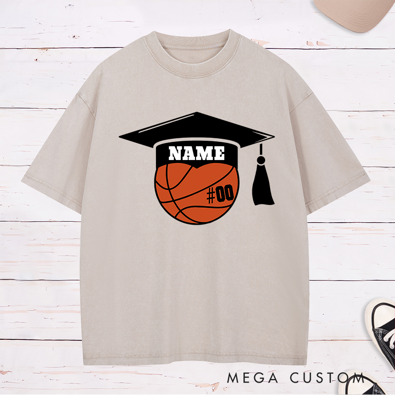 Personalized Washed T-Shirt Design Featuring a Basketball Graduation Cap Graphic with Customizable Jersey Number for a Unique Senior Look