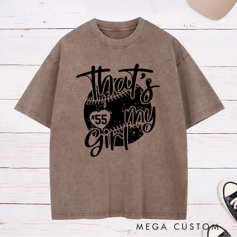 Personalized Softball Washed T-Shirt Design Featuring Customizable Player Number Heart-Shaped Accent Playful Handwritten Script Font and Distressed Softball Graphic for a Stylish and Sentimental Look