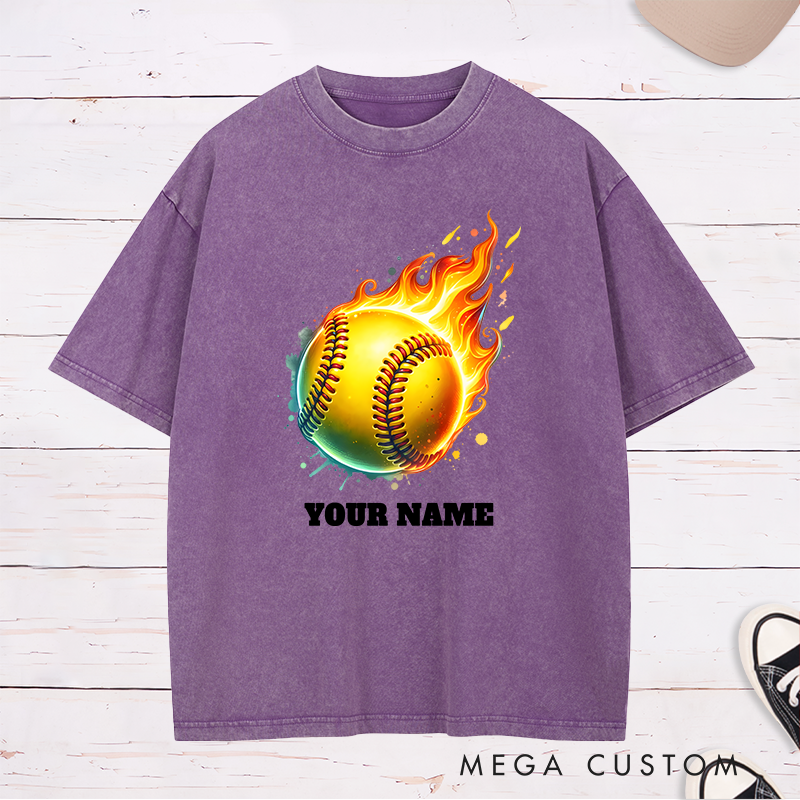 Personalized Fiery Softball Washed T-Shirt Design Customizable Name Featuring a Dynamic Flaming Softball Graphic Perfect for Teams and Players