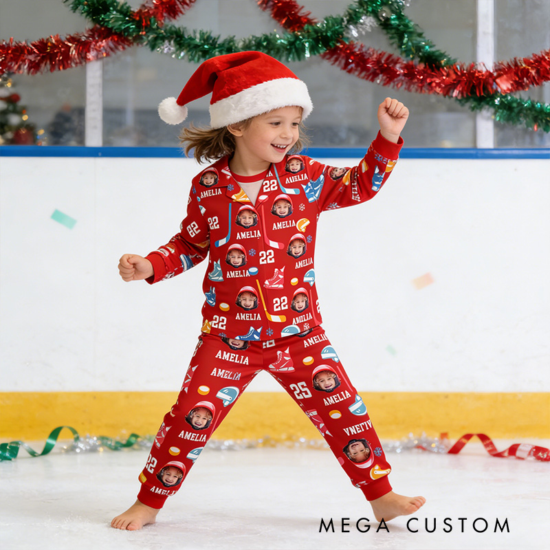 Personalized Kids Photo Hockey Pajamas with Costom Photo and Name for Hockey Fans