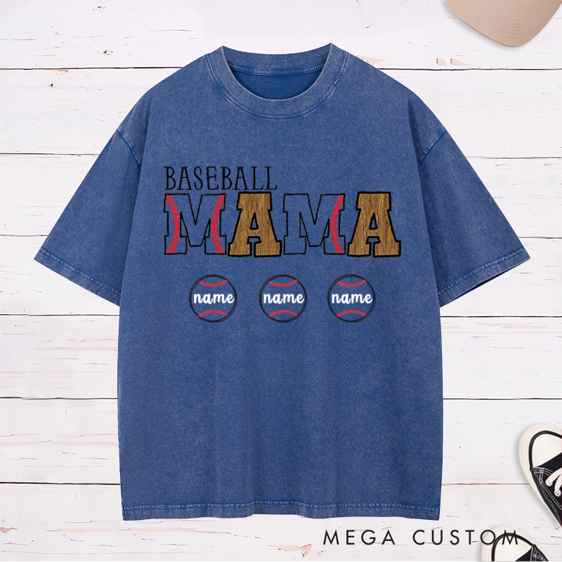 Personalized Baseball Mom Washed T-Shirt With Kids Name