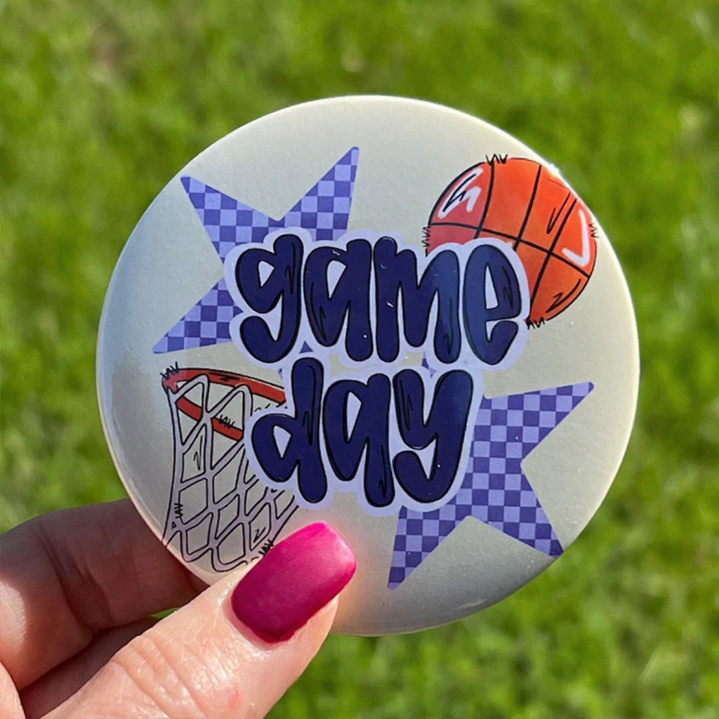 Personalized "Game Day" Button with Customizable Sports Ball, Graphics, and Colors