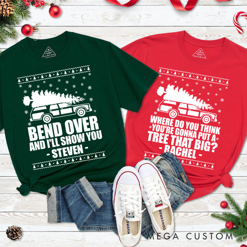 Personalized Couple Bend Over and I’ll Show You Christmas Matching T-Shirt Truck with Xmas Tree T-Shirt for Husband Wife Boyfriend Girlfriend Tee Tops