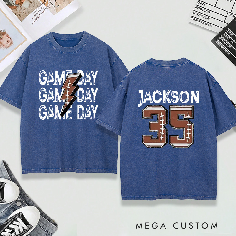 Personalized Washed T-Shirt Game Day Football with Custom Name and Number Design