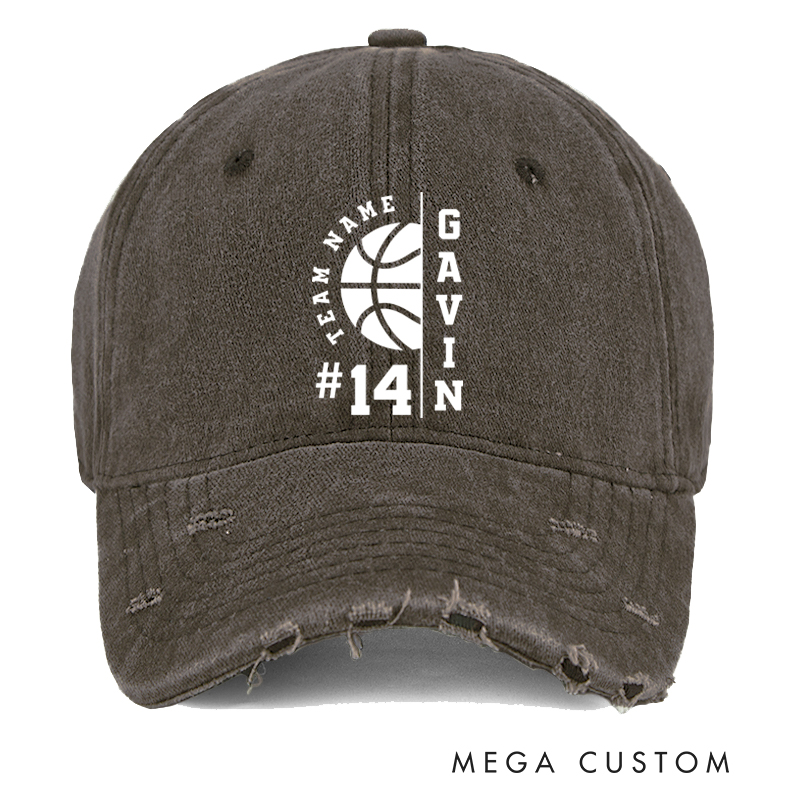 Personalized Distressed Denim Basketball Cap with Custom Team Name Player Name and Number Design