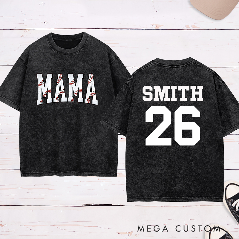 Personalized Vintage-Style "Mama" Baseball Washed T-Shirt with Custom Name and Number