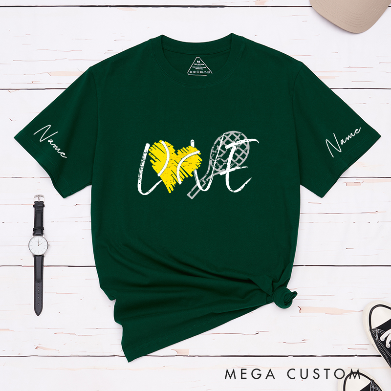 Personalized Tennis Love T-Shirt with Heart and Racket Design and Custom Name