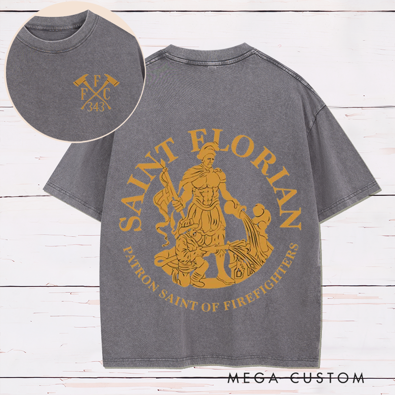 Personalized Firefighter Washed T-Shirt Saint Florian Patron Saint of Firefighters Design Thoughtful Gift for Firefighters