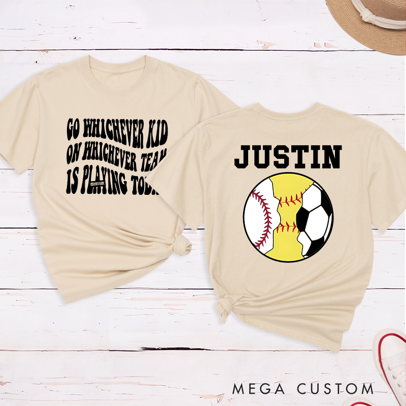 Personalized Sports T-Shirt Featuring Baseball Soccer and Softball Graphics with Customizable Back