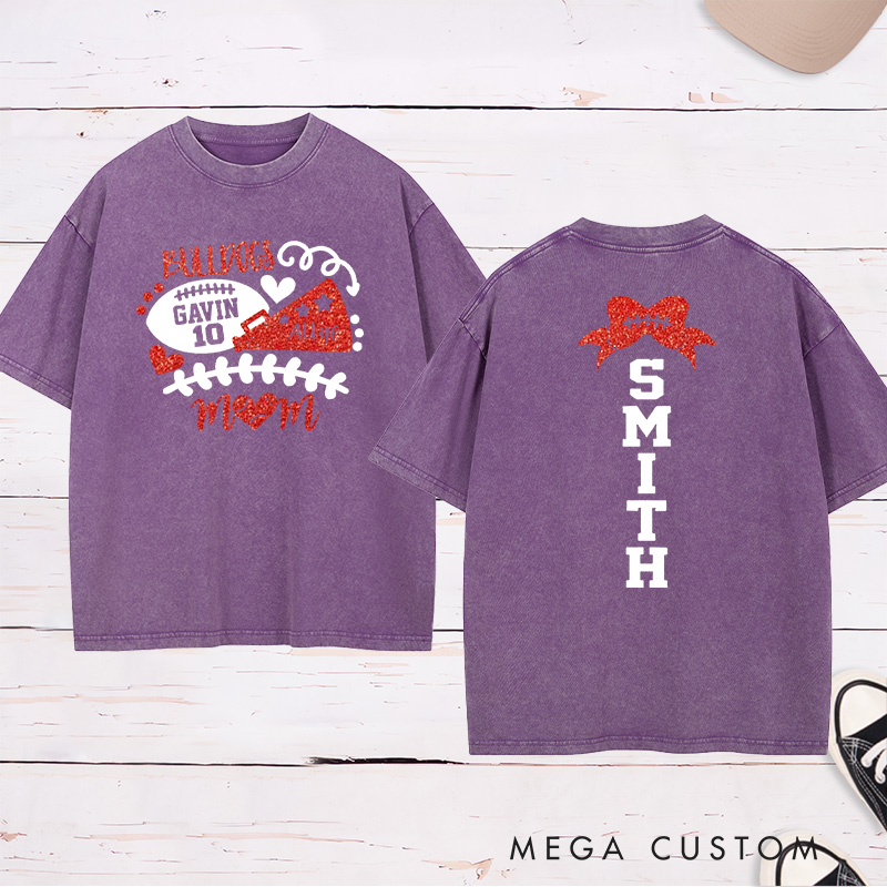 Personalized Glitter American Football and Rugby Cheer Mom Washed T-Shirt with Custom Name and Number