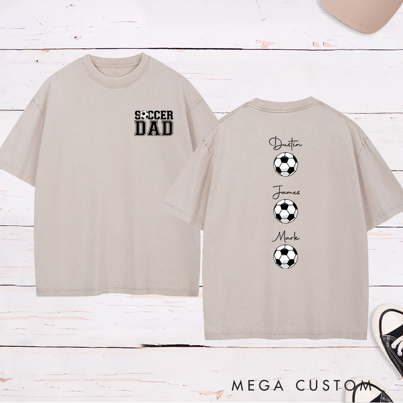 Personalized Soccer Dad Washed T-Shirt with Custom Kids’ Names and Ball Graphics