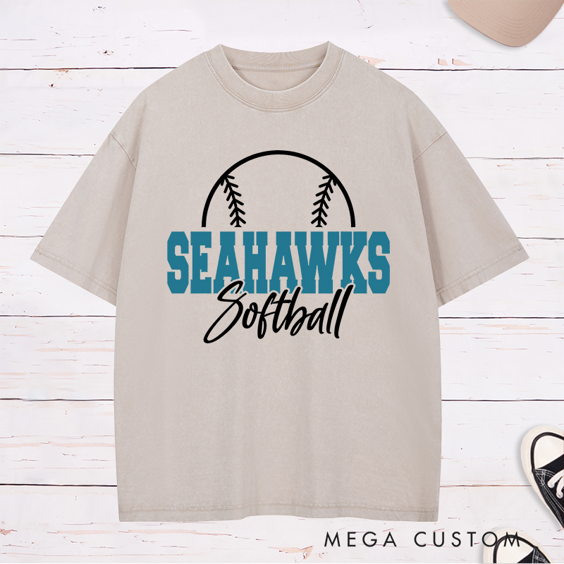 Personalized Softball Team Washed T-Shirt Design Featuring Bold Block Team Name Text Stylish Script Font for Softball and Minimalist Softball Graphic Outline