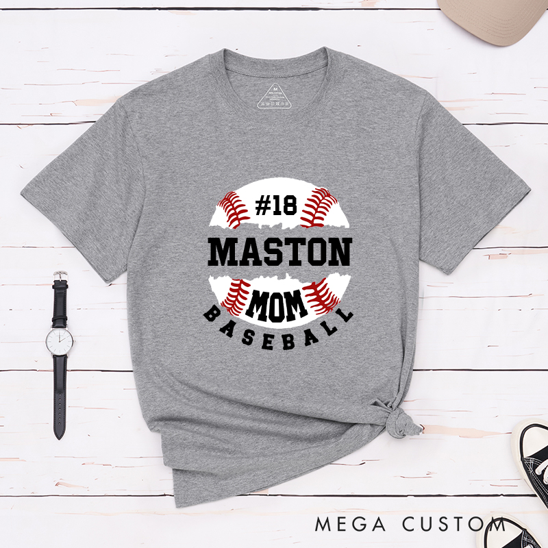 Personalized Baseball Mom T-Shirt with Custom Name and Player Number Design
