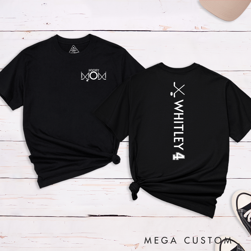 Personalized Hockey Mom T-Shirt with Custom Name, Number, and Design
