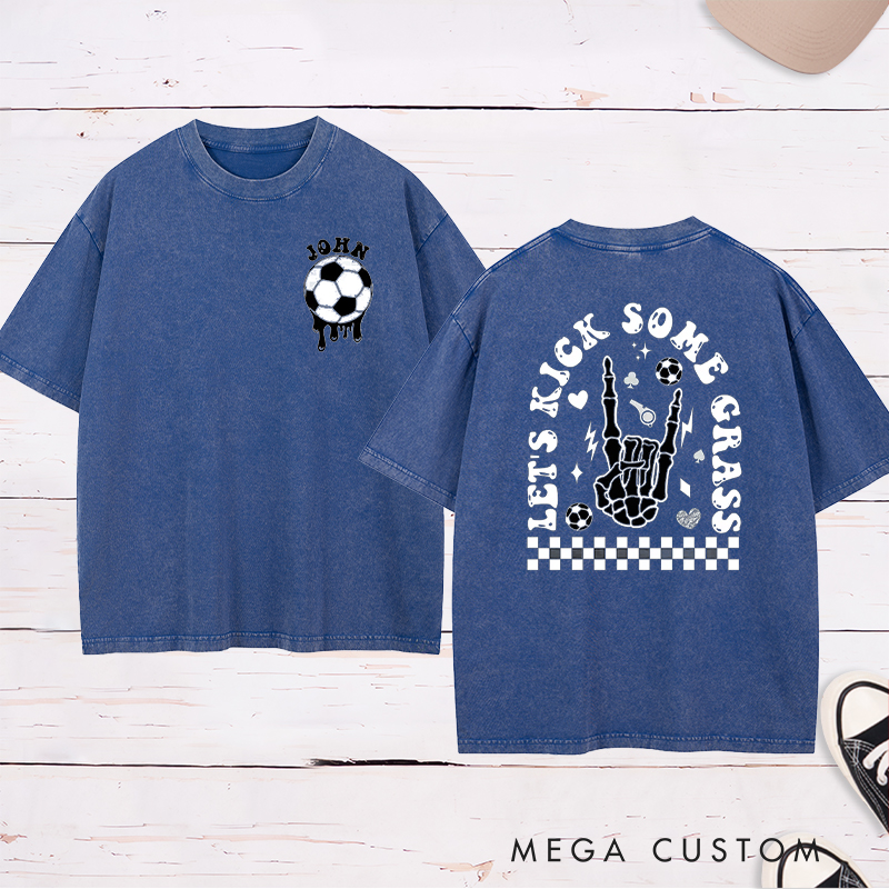 Personalized "Let's Kick Some Grass" Washed T-Shirt with Custom Name 