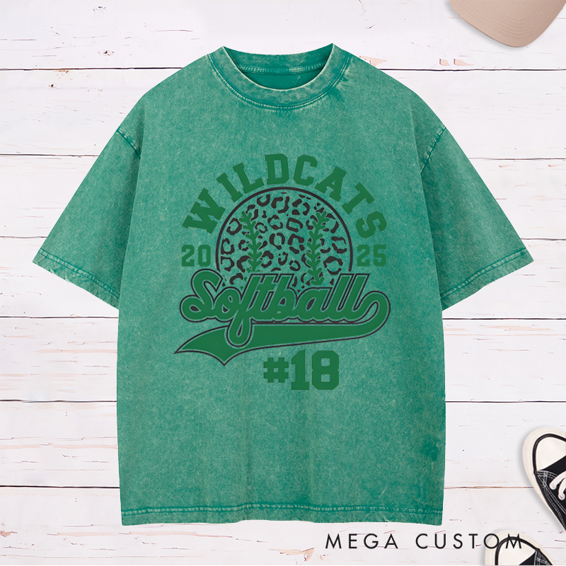 Personalized Customizable Softball Team Washed T-Shirt Design Featuring Bold Arched Team Name Leopard Print Softball Graphic Stylized Script Text for Softball and Custom Player Number
