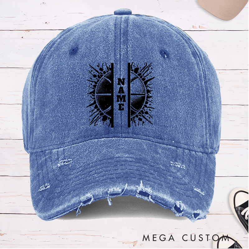Personalized Distressed Denim Basketball Cap with Custom Name and Split Basketball Graphic Design