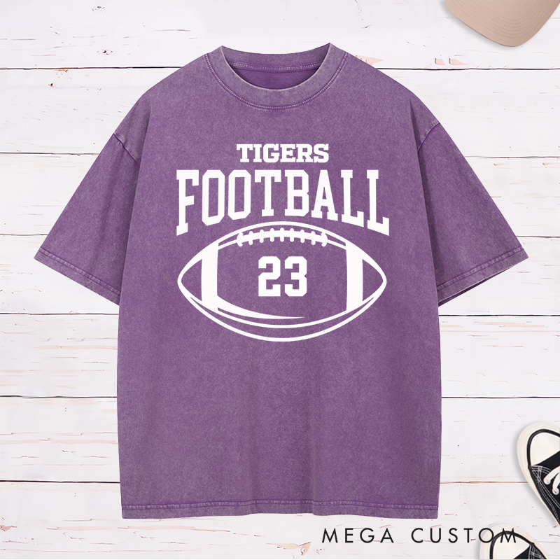 Personalized American Football and Rugby Washed T-Shirt with Custom Team Name and Number