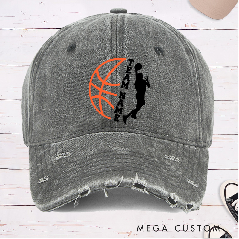 Personalized Distressed Denim Basketball Cap with Vertical Team Name and Player Silhouette Design