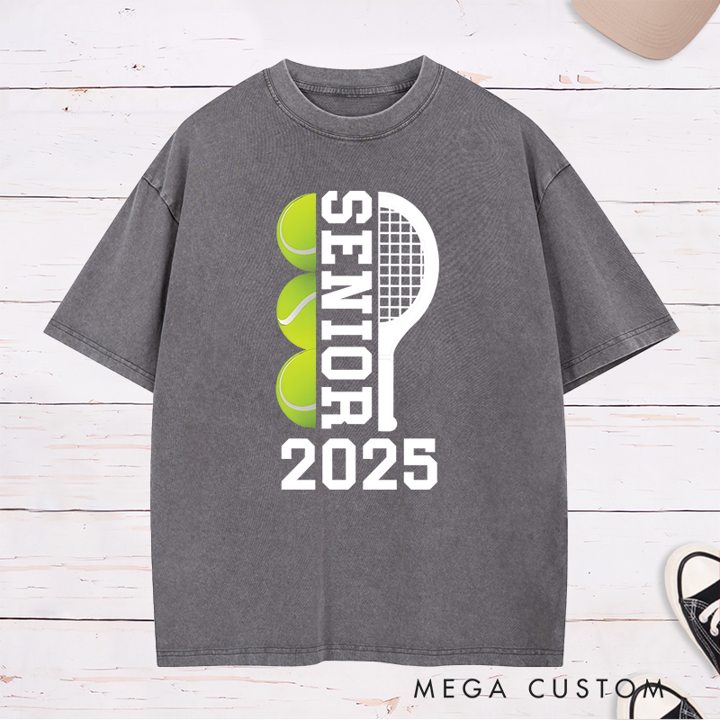 Personalized Senior Tennis Washed T-Shirt with Graduation Year and Custom Name